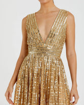 Gold Embellished Sleeveless V Neck A Line Dress